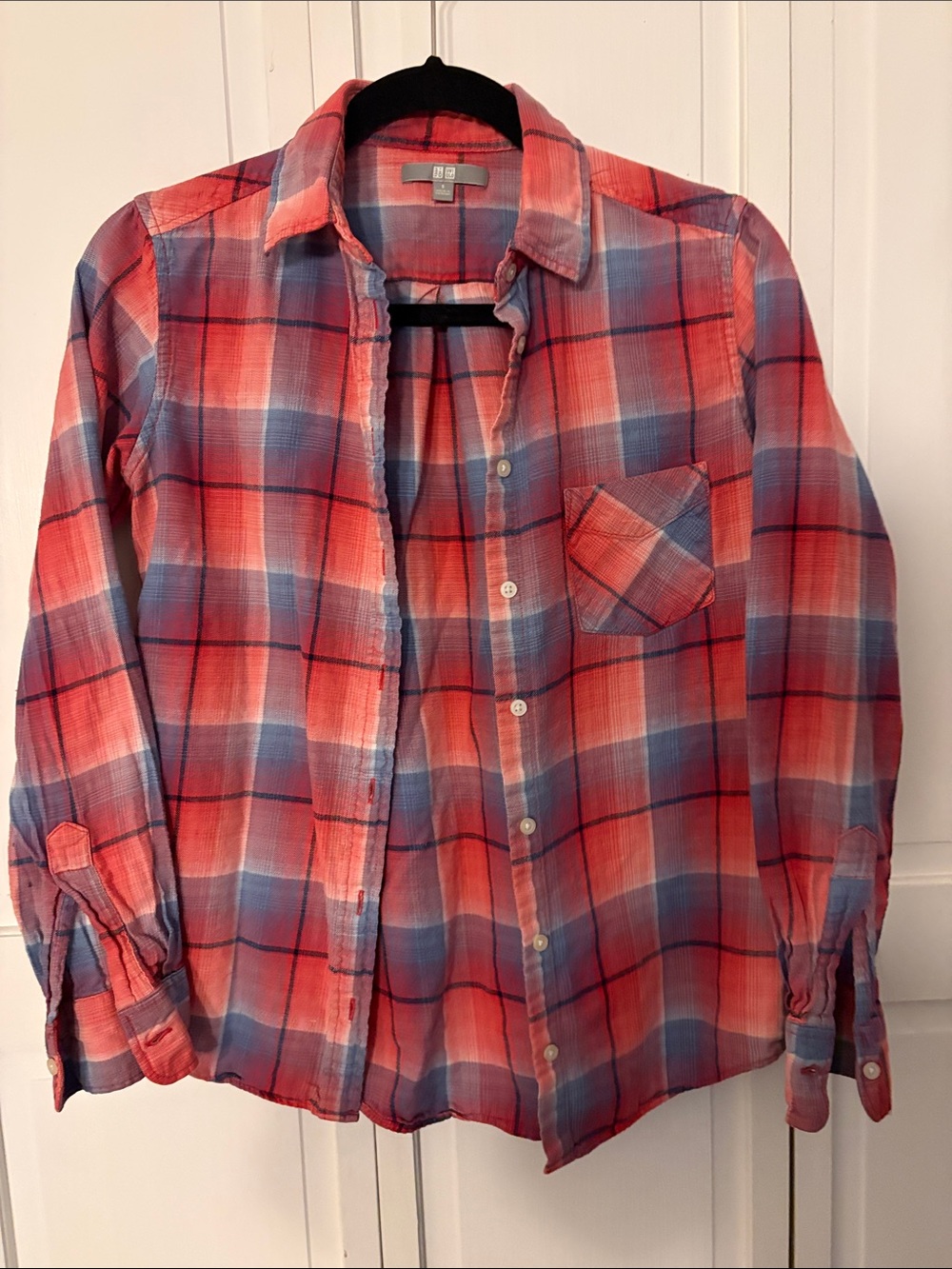 Uniqlo Coral and Blue Plaid Button-Down Shirt